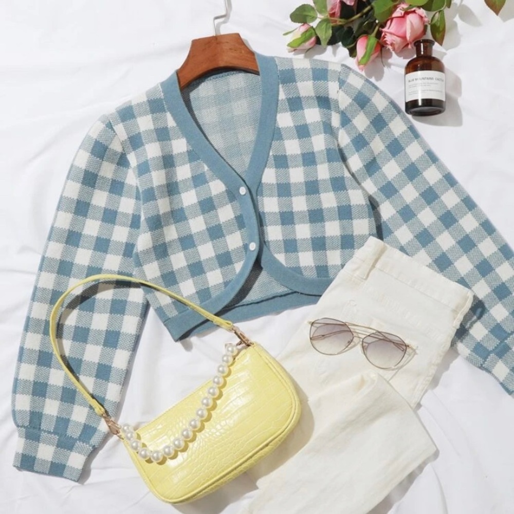 Button front Gingham cropped Cardigan